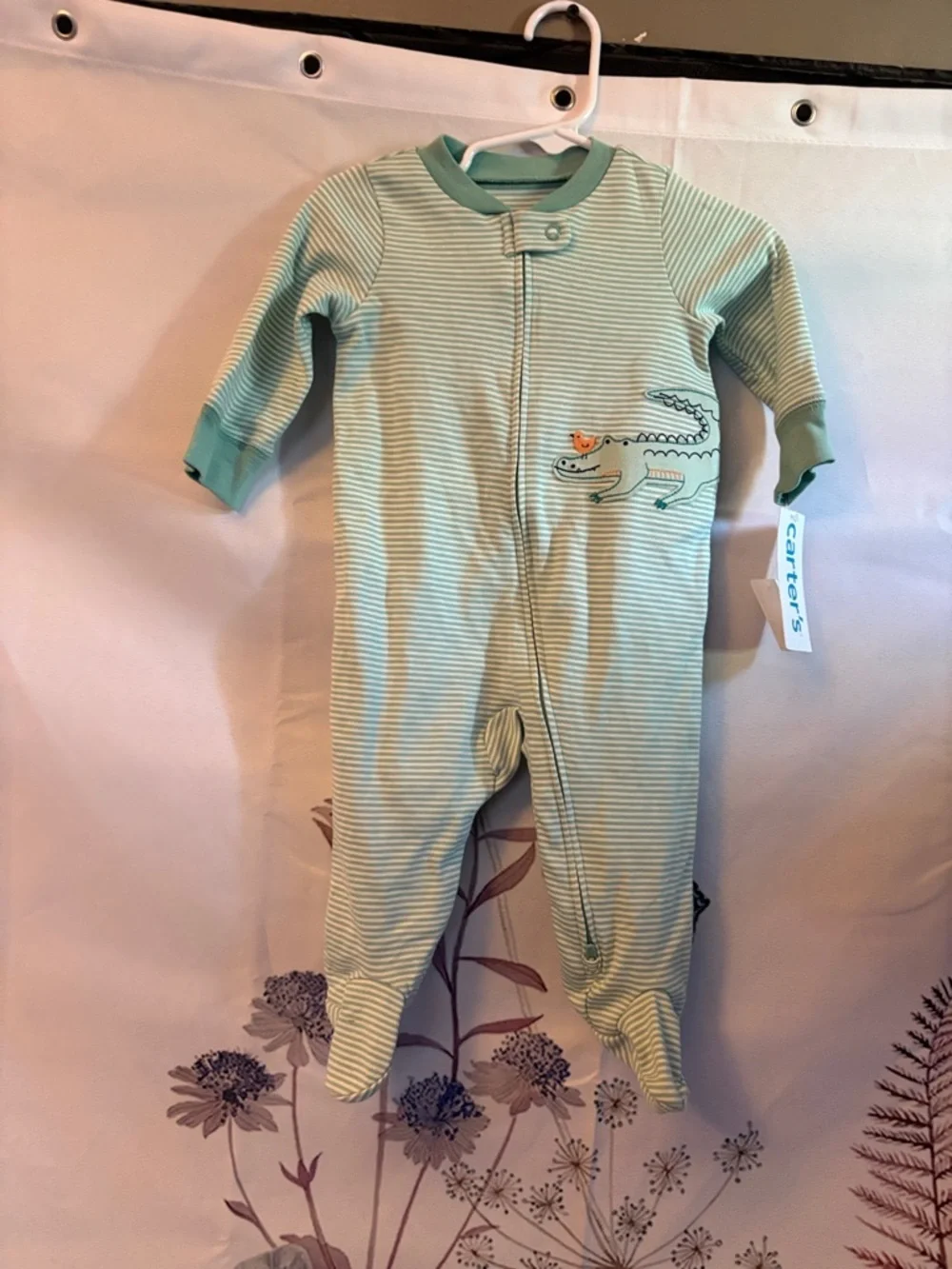 Carter's Mint Green Striped Footed One-Piece with Crocodile Applique